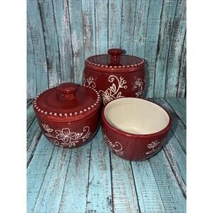 Temp-Tations Red Floral Lace Condiment Jars New